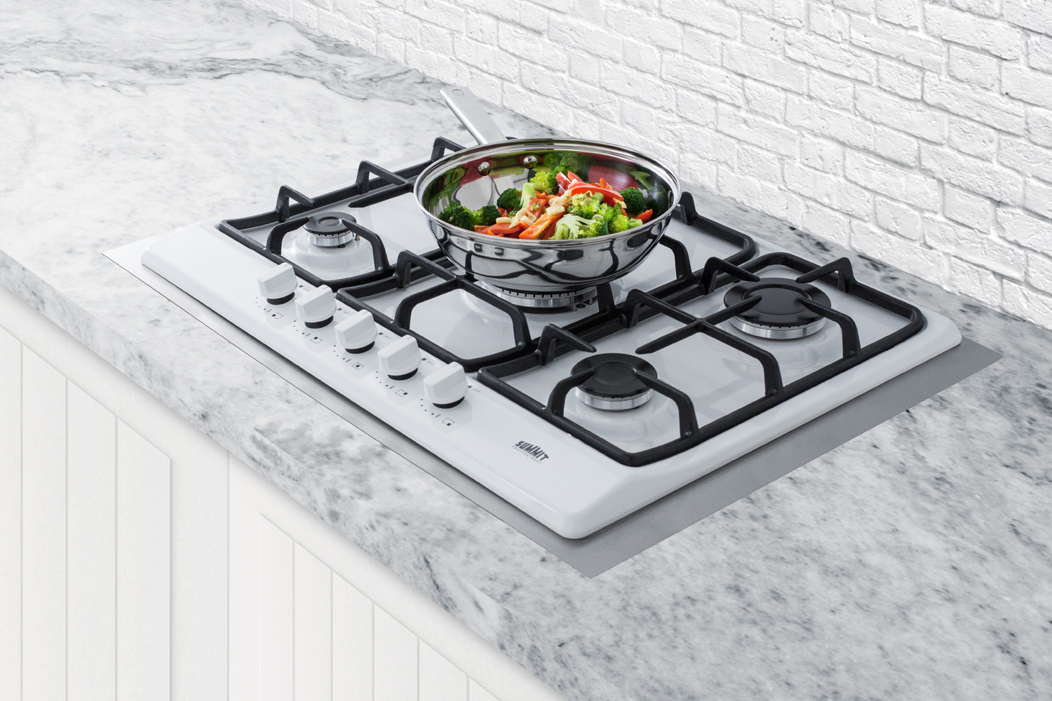 5-burner gas cooktop made in Italy in white finish with sealed burners, cast iron grates, wok stand, and stainless steel frame to allow installation in 30